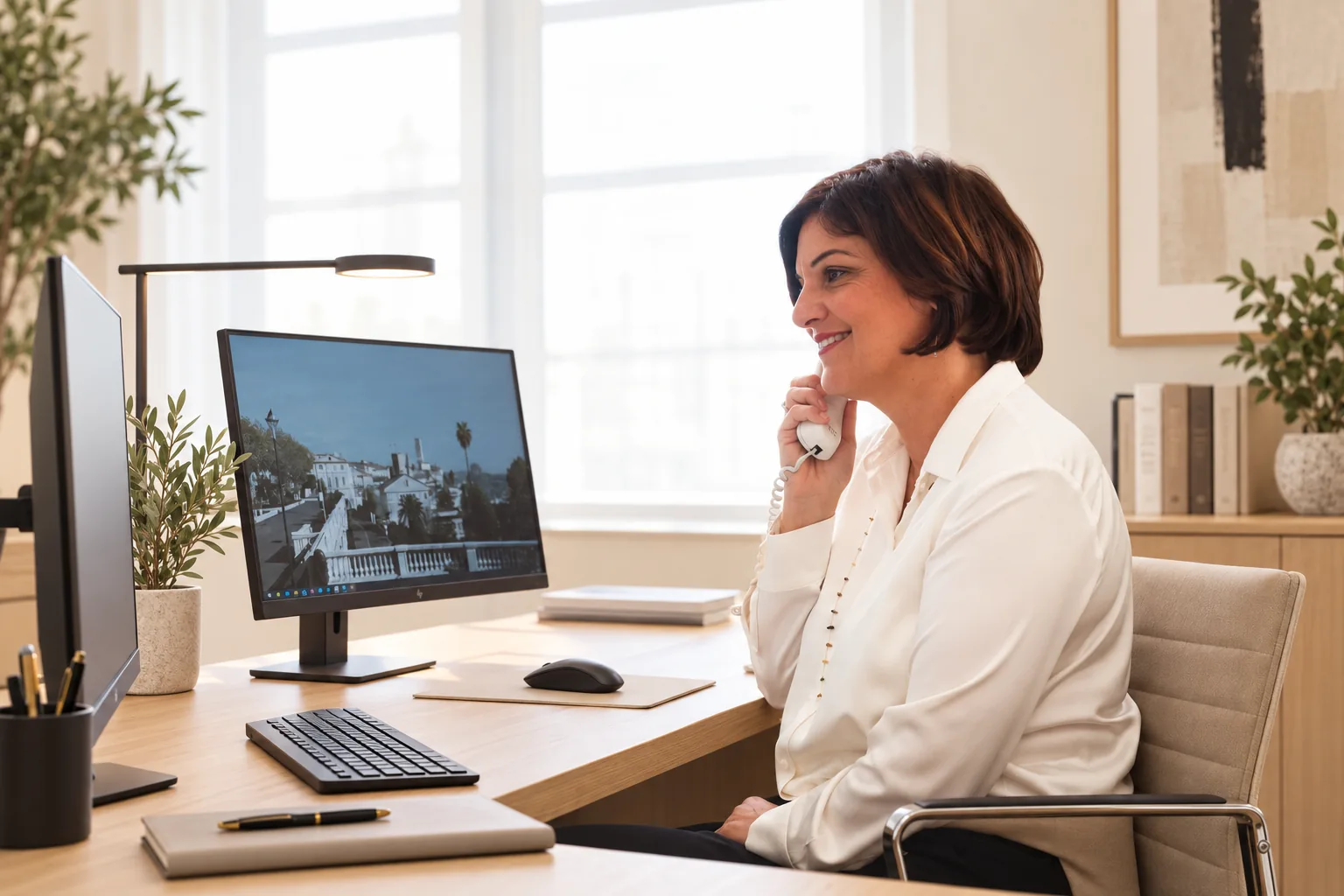 Christelle Daprela au téléphone dans son bureau à Grasse