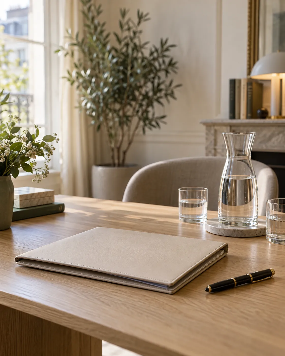 Dossier et stylo sur un bureau, illustration du conseil notarial aux familles