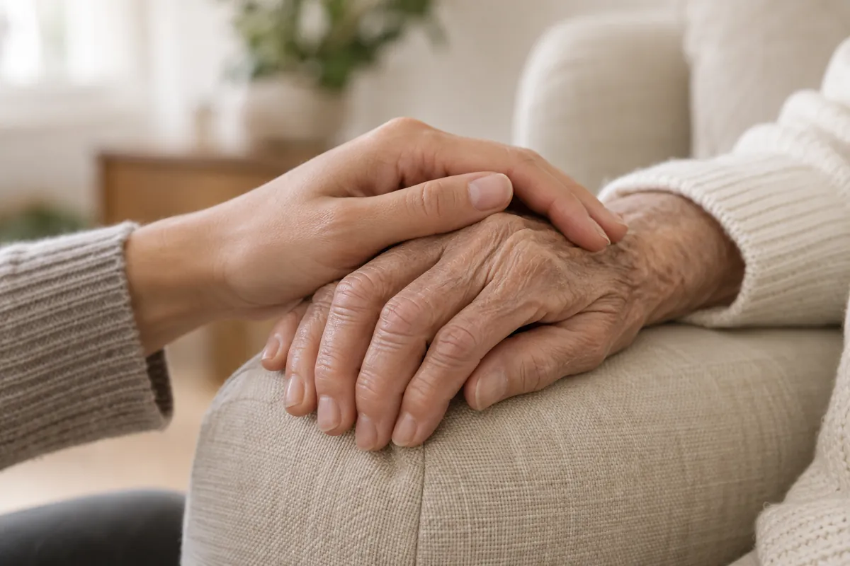 Une main soutient celle d’une personne âgée, illustration de la protection des proches