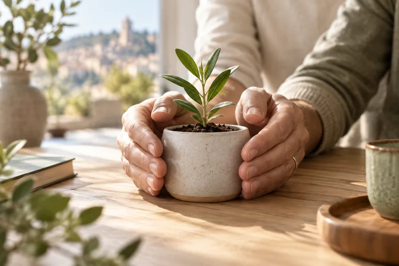 Mains entourant une jeune pousse dans un pot, illustration de la protection du patrimoine.